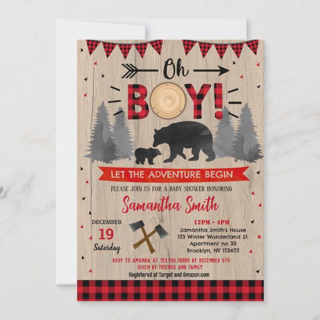 Lumberjack Woodland Bear Baby Shower Invitations (Front)