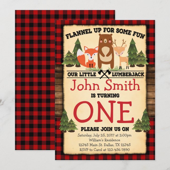 Lumberjack Woodland Birthday Party Invitation (Front/Back)