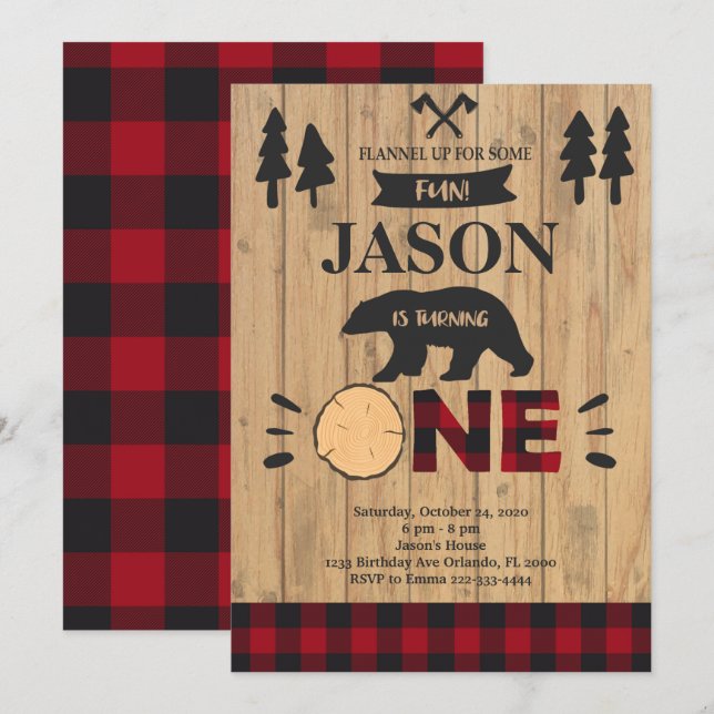 Lumberjack Woodland Boy 1st Birthday Invitation (Front/Back)