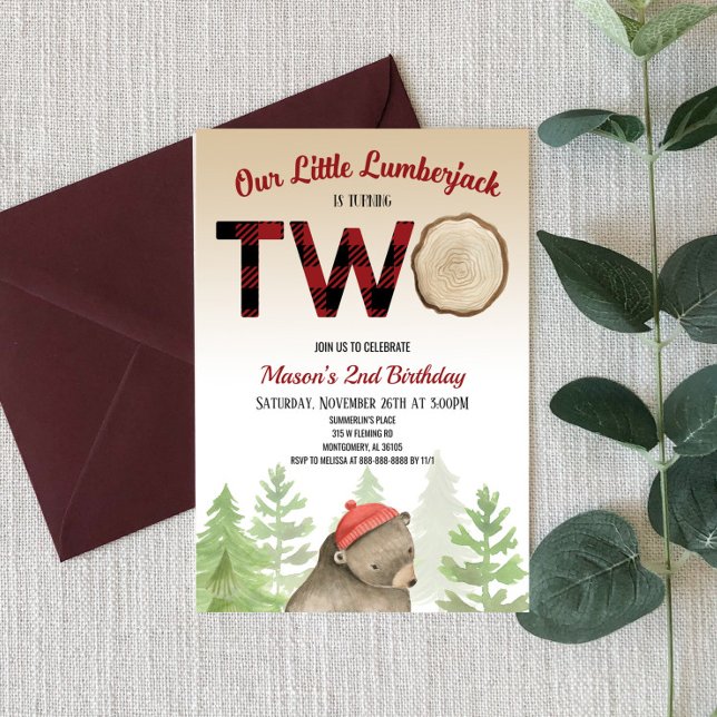 Lumberjack Woodland Forest Bear 2nd Birthday Party Invitation (Creator Uploaded)