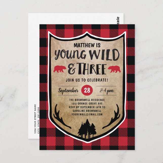 Lumberjack Young Wild and Three Birthday Party Postcard (Front/Back)