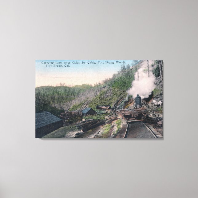 Lumberjacks Carrying Logs over Gulch by Cable Canvas Print (Front)
