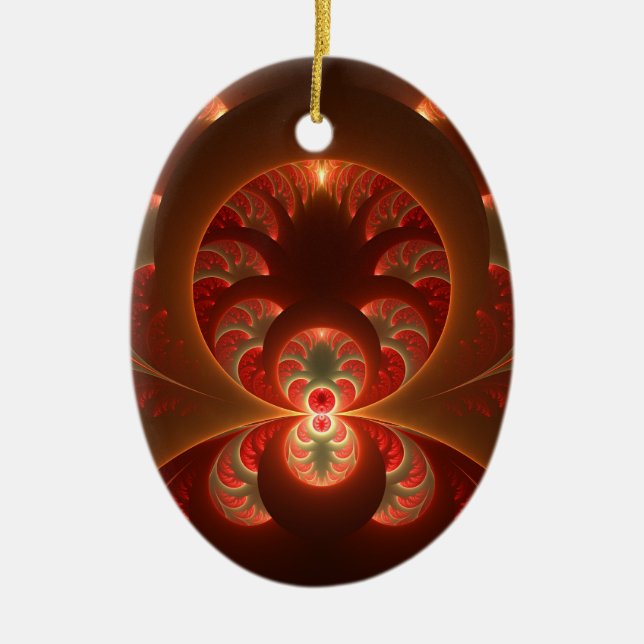 Luminous Abstract Modern Orange Red Fractal Ceramic Tree Decoration (Front)