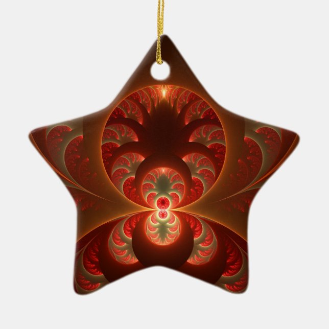 Luminous Abstract Modern Orange Red Fractal Ceramic Tree Decoration (Front)