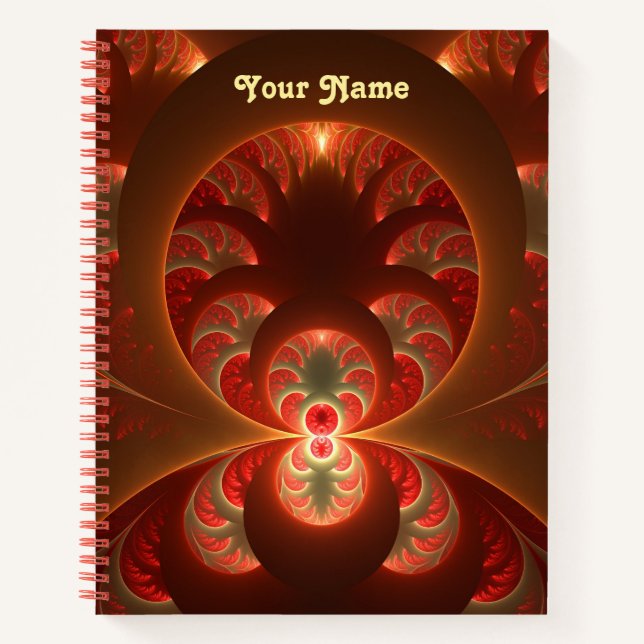 Luminous abstract modern orange red Fractal Name Notebook (Front)