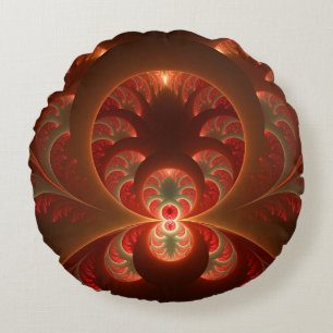 Luminous abstract modern orange red Fractal Round Cushion