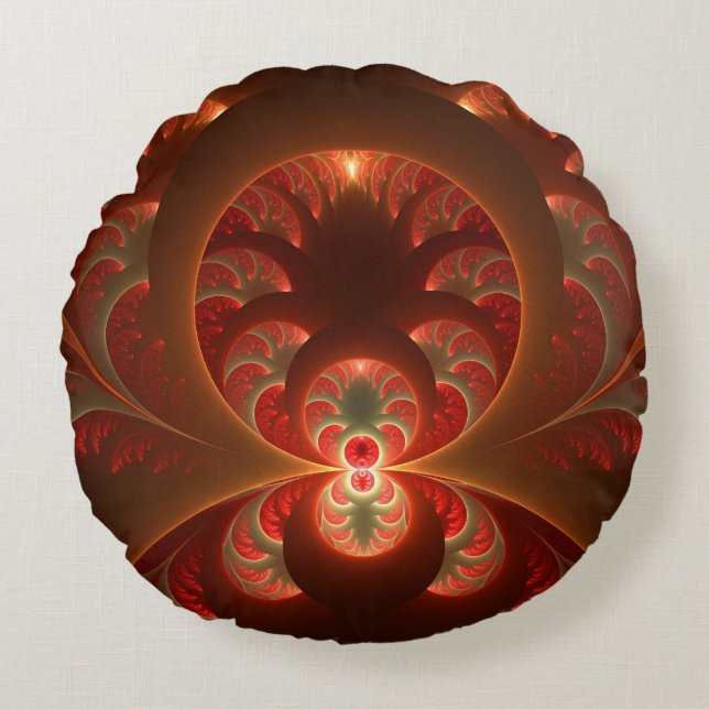 Luminous abstract modern orange red Fractal Round Cushion (Front)