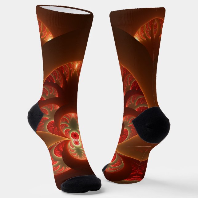 Luminous Abstract Modern Orange Red Fractal Socks (Angled)