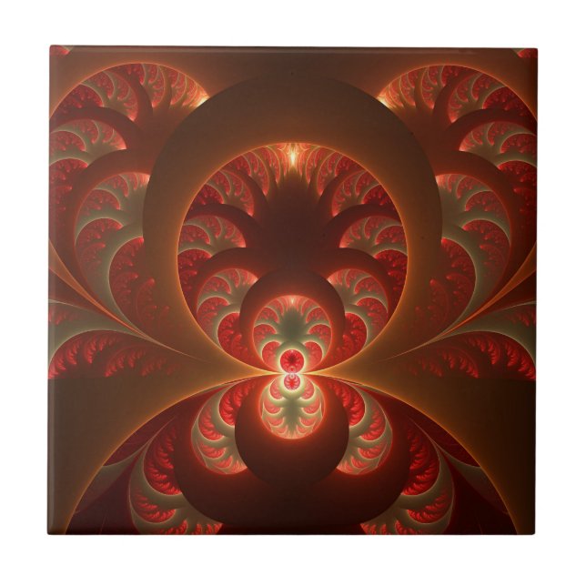 Luminous abstract modern orange red Fractal Tile (Front)