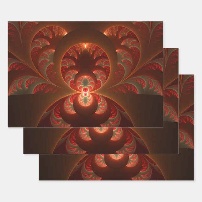 Luminous abstract modern orange red Fractal Wrapping Paper Sheet (Set)