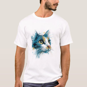 Luminous Azure Watercolor Cat Face Modern Art T-Shirt