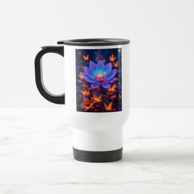 Luminous Blue and Purple Lotus Travel Mug (Left)