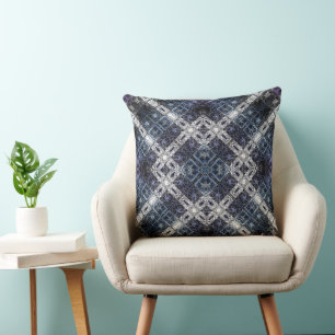 Luminous Blue and White Geometric Lattice Cushion