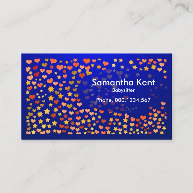 Luminous Blue Floating Hearts Stars Babysitting Business Card (Front)