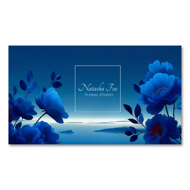 Luminous Blue Floral Seascape Monochromatic Magnetic Business Card (Front)