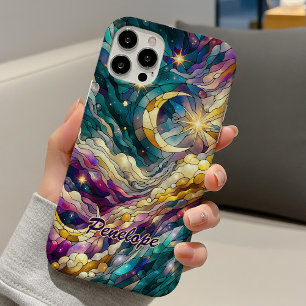 Luminous Blue Green Stained Glass Moon iPhone 16 Case