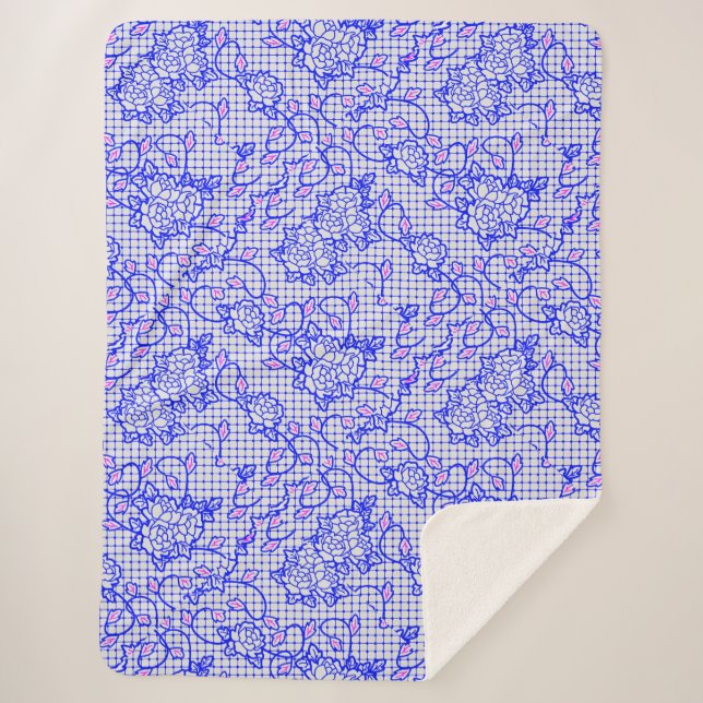Luminous Blue net w flowers 02b Offwhite BG Sherpa Blanket (Front)