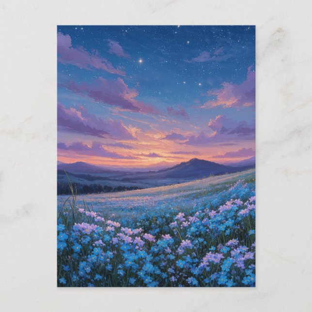 Luminous Blue Wildflower Meadow at Sunset Postcard (Front)