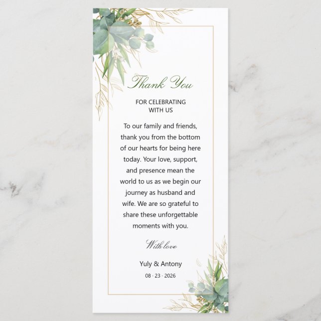 Luminous Botanical Green Wedding Thanks Table Card (Front)