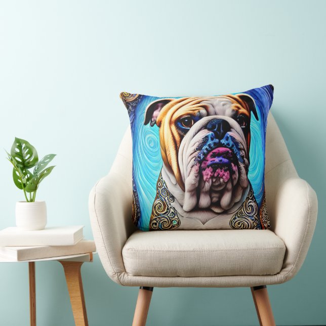 Luminous Bulldog Blue Ocean Wave Pointillism Cushion (Chair)