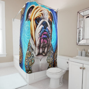 Luminous Bulldog Blue Ocean Wave Pointillism Shower Curtain