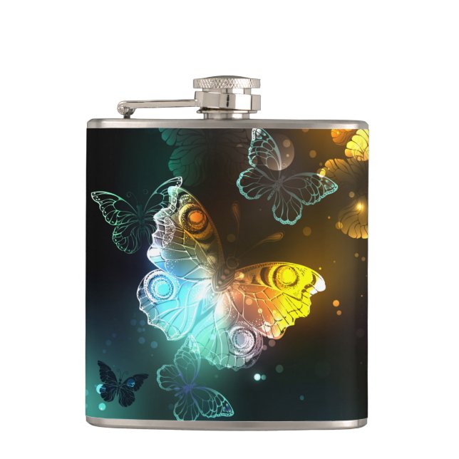 Luminous Butterfly and Night butterflies Hip Flask (Front)