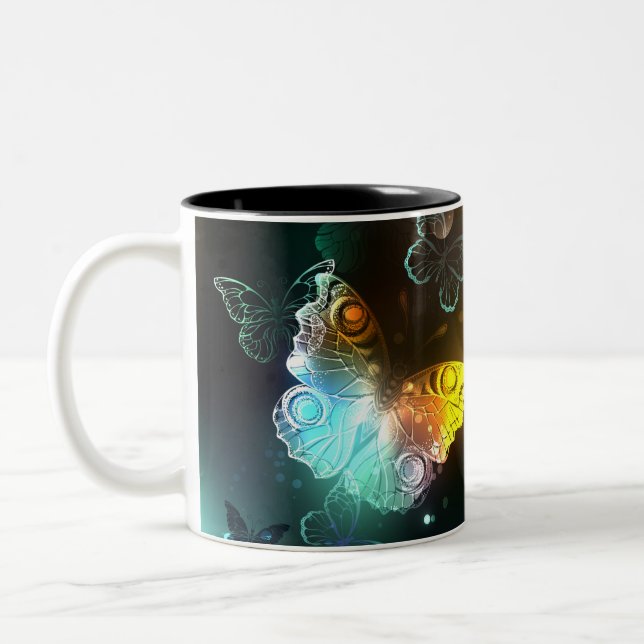 Luminous Butterfly and Night butterflies Two-Tone Coffee Mug (Left)