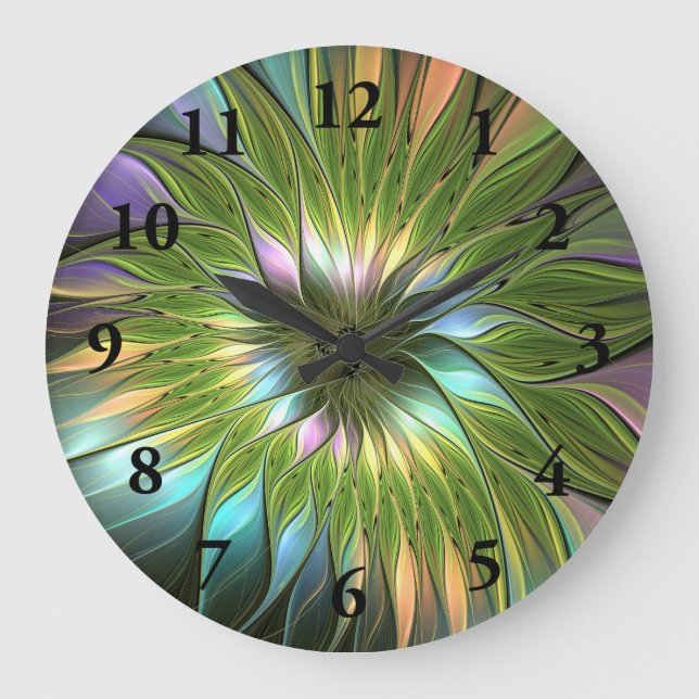 Luminous Colorful Fantasy Flower Fractal Art Large Clock (Front)