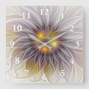 Luminous Colorful Flower, Abstract Modern Fractal Square Wall Clock