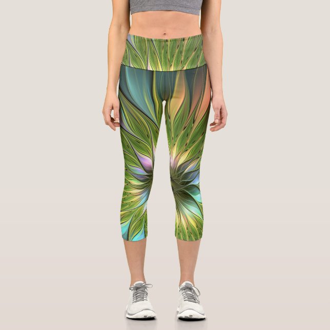 Luminous Colourful Fantasy Flower Fractal Art Capri Leggings (Front)