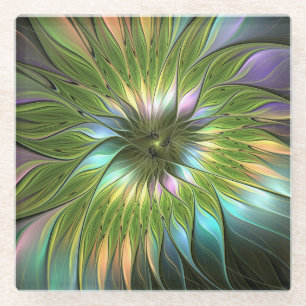Luminous Colourful Fantasy Flower Fractal Art Glass Coaster
