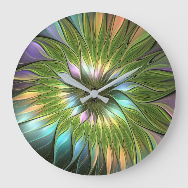 Luminous Colourful Fantasy Flower Fractal Art Large Clock (Front)