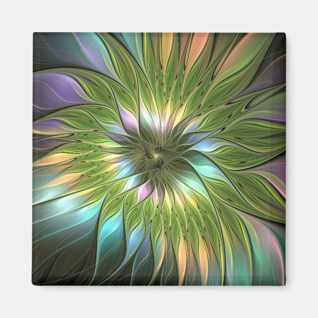 Luminous Colourful Fantasy Flower Fractal Art Magnet (Front)