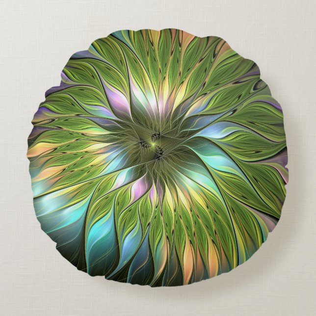 Luminous Colourful Fantasy Flower Fractal Art Round Cushion (Front)