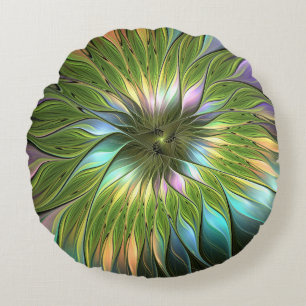 Luminous Colourful Fantasy Flower Fractal Art Round Cushion