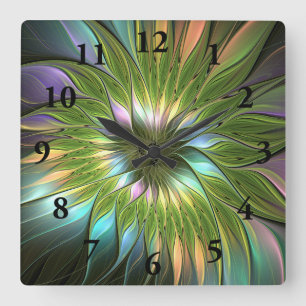 Luminous Colourful Fantasy Flower Fractal Art Square Wall Clock