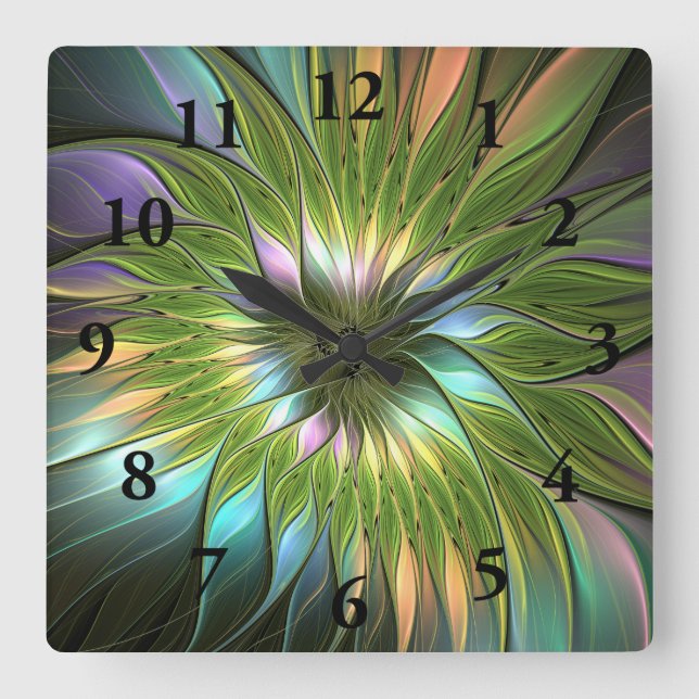 Luminous Colourful Fantasy Flower Fractal Art Square Wall Clock (Front)