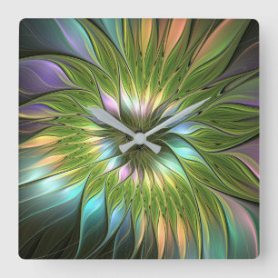 Luminous Colourful Fantasy Flower Fractal Art Square Wall Clock