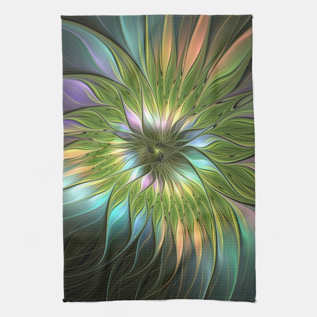 Luminous Colourful Fantasy Flower Fractal Art Tea Towel (Vertical)