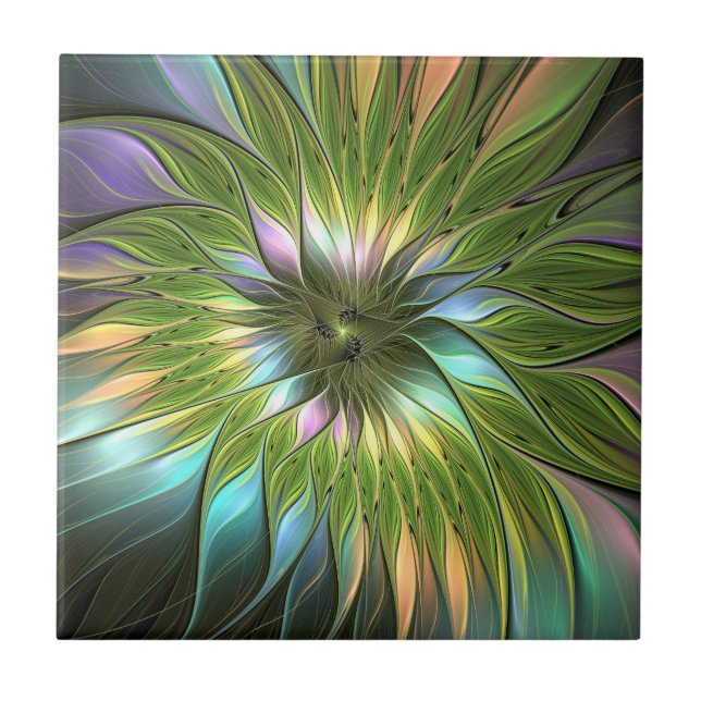 Luminous Colourful Fantasy Flower Fractal Art Tile (Front)