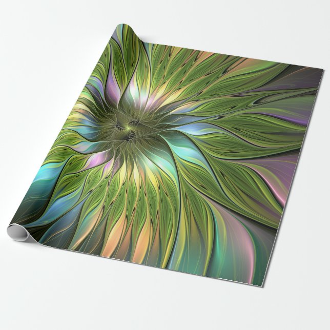 Luminous Colourful Fantasy Flower Fractal Art Wrapping Paper (Unrolled)