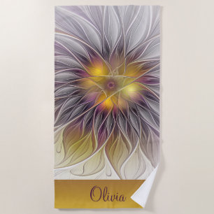 Luminous Colourful Flower, Abstract Fractal Name Beach Towel
