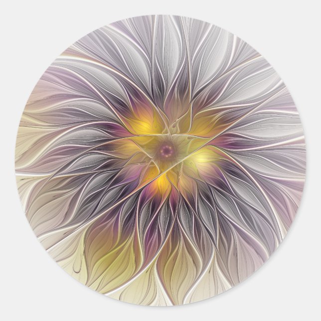 Luminous Colourful Flower, Abstract Modern Fractal Classic Round Sticker (Front)