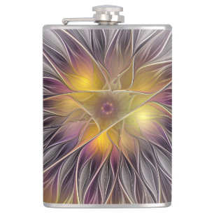 Luminous Colourful Flower, Abstract Modern Fractal Hip Flask