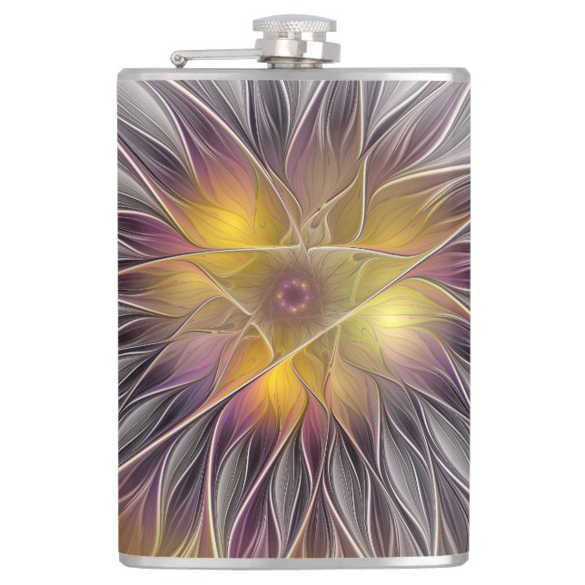 Luminous Colourful Flower, Abstract Modern Fractal Hip Flask (Front)