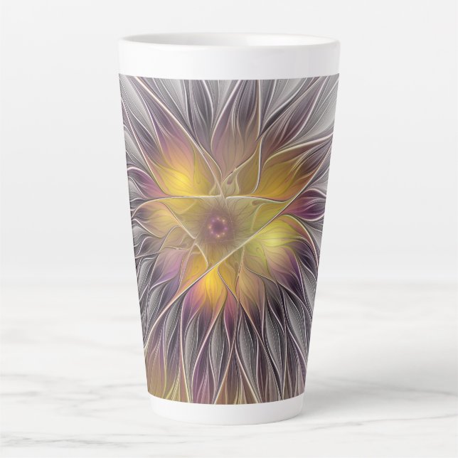 Luminous Colourful Flower, Abstract Modern Fractal Latte Mug (Front)