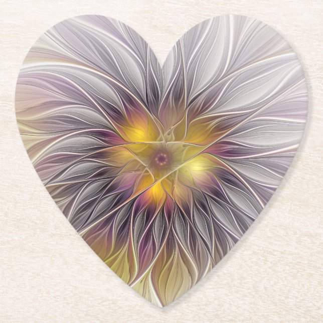 Luminous Colourful Flower, Abstract Modern Fractal Paper Coaster (Front)