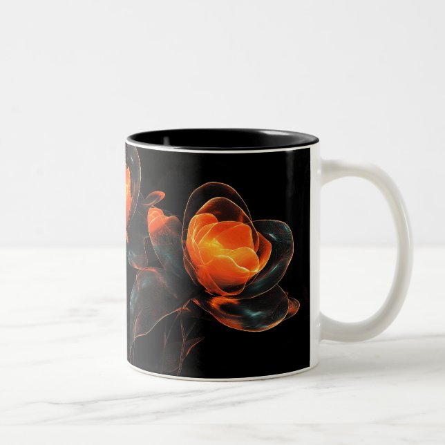 Luminous Cyberflora Orange Black Cyber Flowers Two-Tone Coffee Mug (Right)