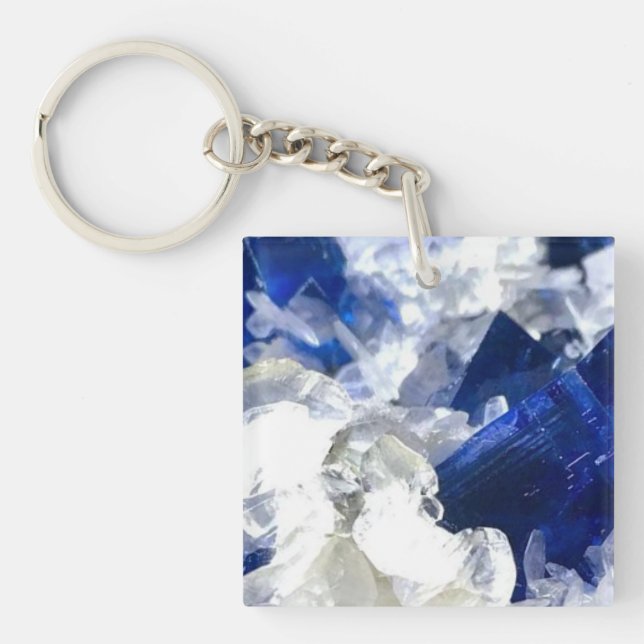 Luminous Deep Blue Transparent Fluorite Gemstone  Key Ring (Front)