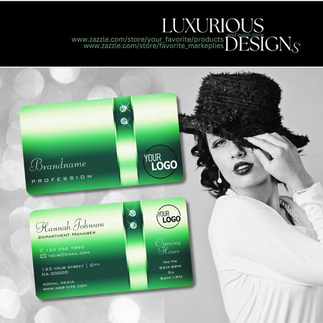 Luminous Emerald Green Gradient Diamonds and Logo Business Card (Creator Uploaded)
